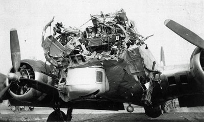 nose damage from combat on a B17 bomber